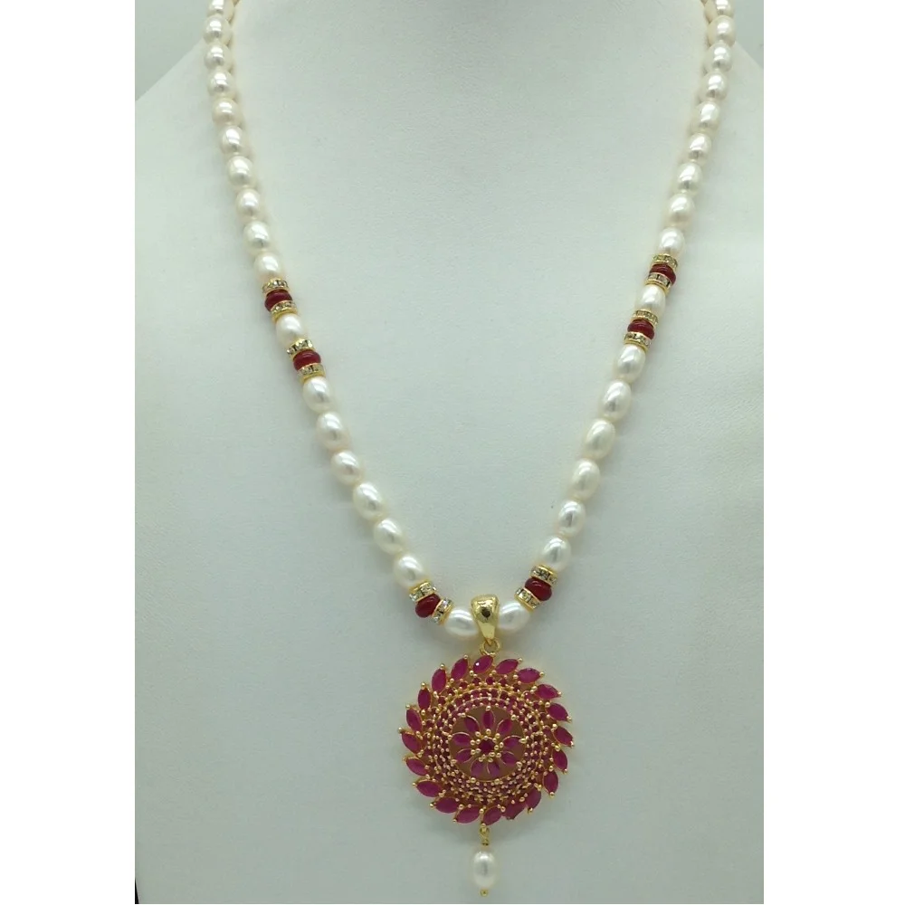 Red Cz Pendent Set With 1 Line White Pearls Mala JPS0833