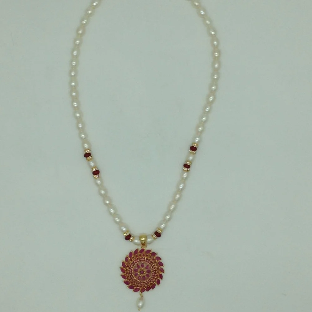 Red Cz Pendent Set With 1 Line White Pearls Mala JPS0833