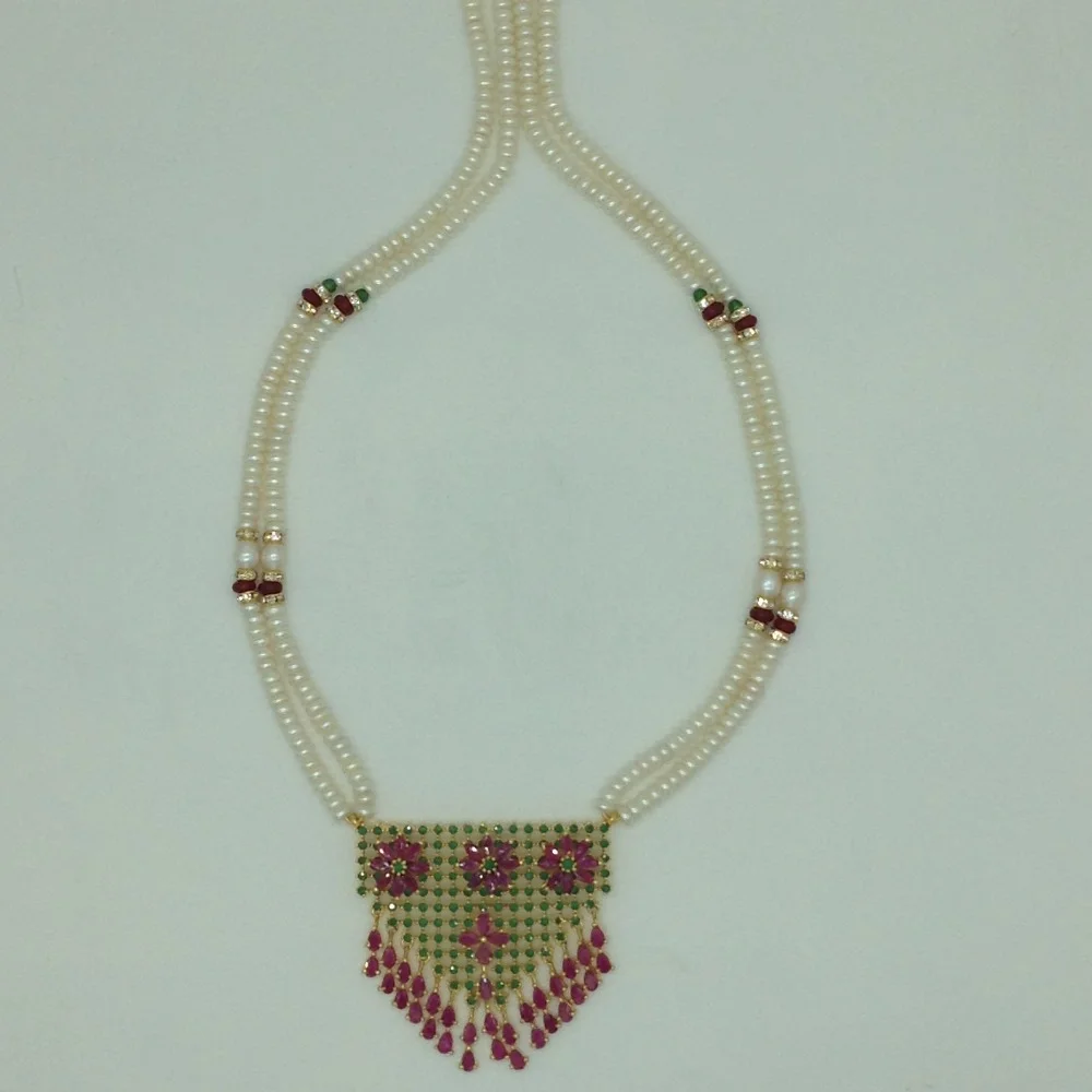 Red,Green Cz Pendent Set With 2 Line White Pearls Mala JPS0843