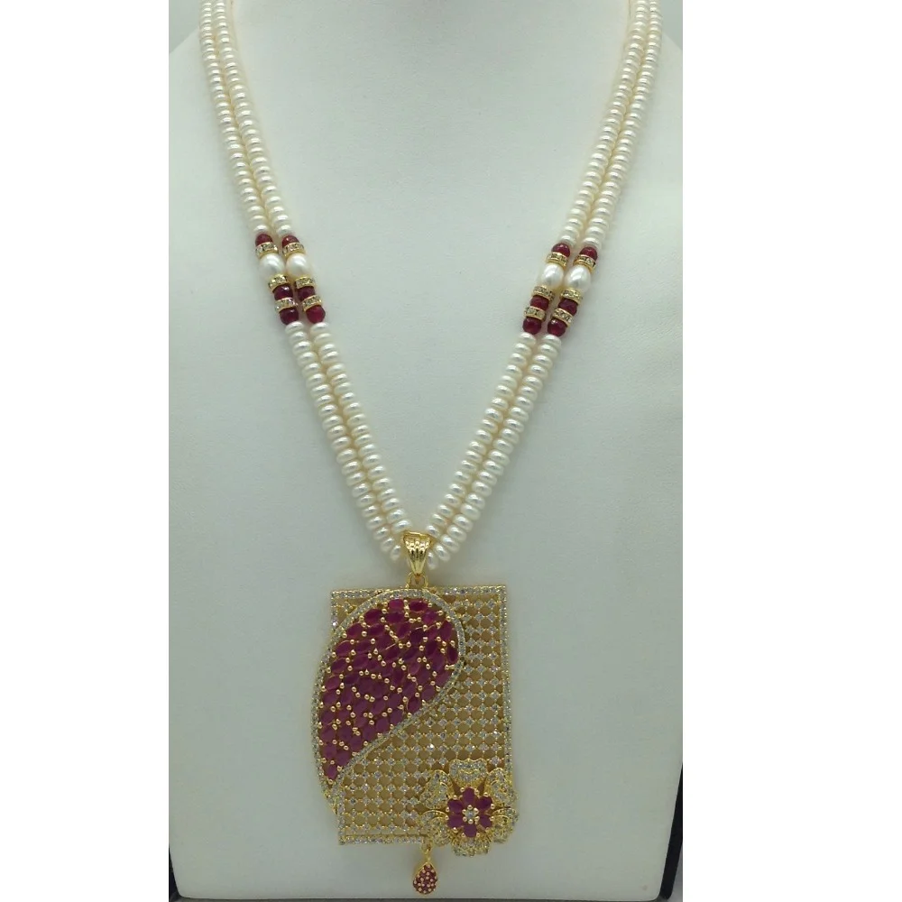 White,Red Cz Pendent Set With 2 Line White Pearls Mala JPS0845