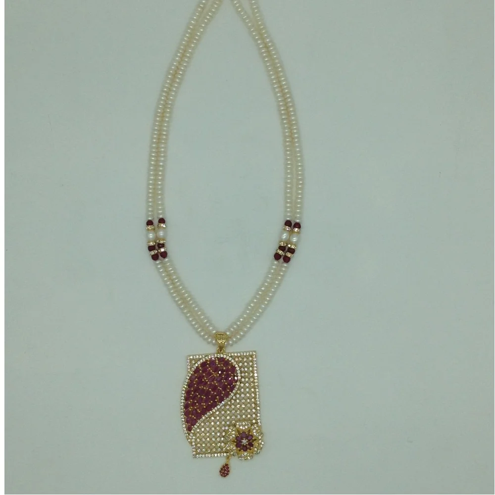 White,Red Cz Pendent Set With 2 Line White Pearls Mala JPS0845