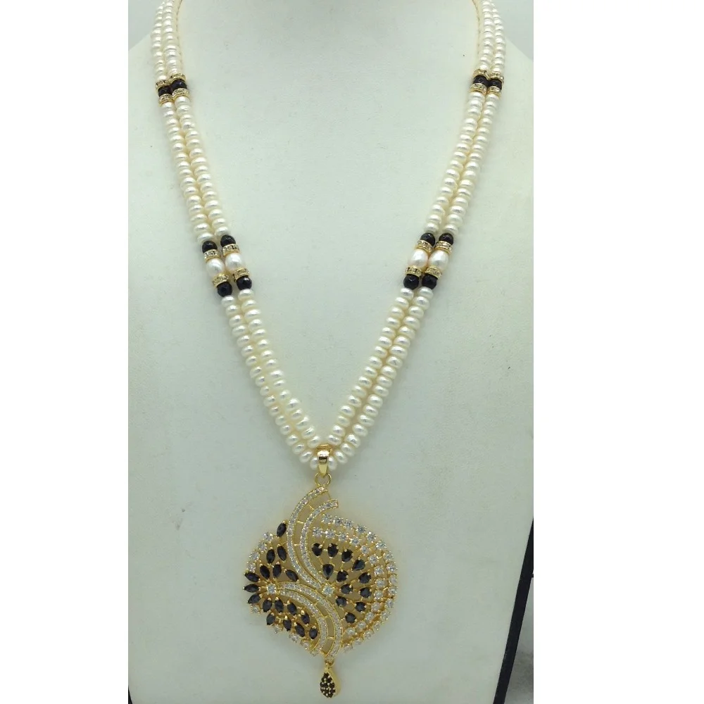 White,Black Cz Pendent Set With 2 Line White Pearls Mala JPS0847