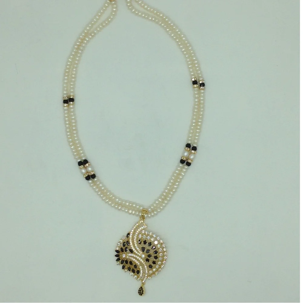 White,Black Cz Pendent Set With 2 Line White Pearls Mala JPS0847
