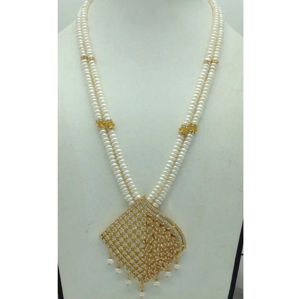 White Cz Pendent Set With 2 Line White Pearls Mala JPS0850
