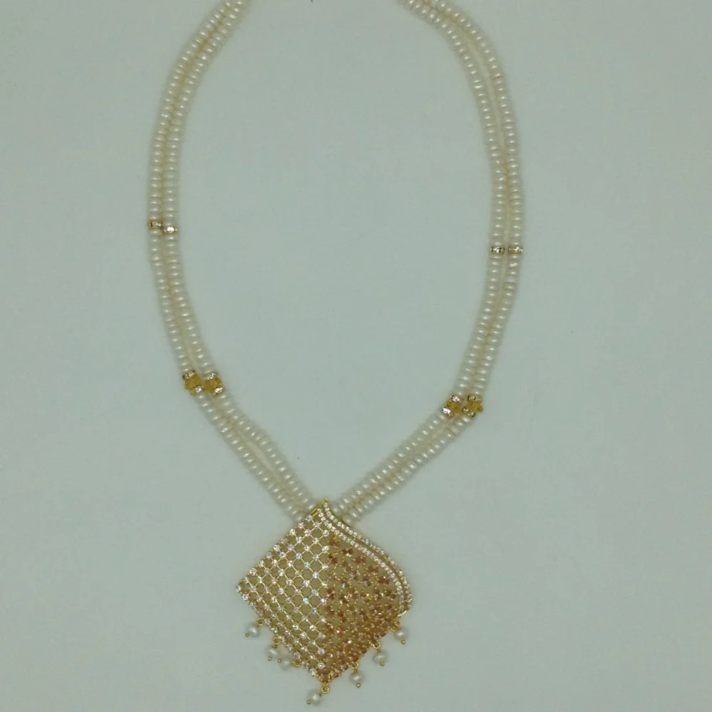 White Cz Pendent Set With 2 Line White Pearls Mala JPS0850