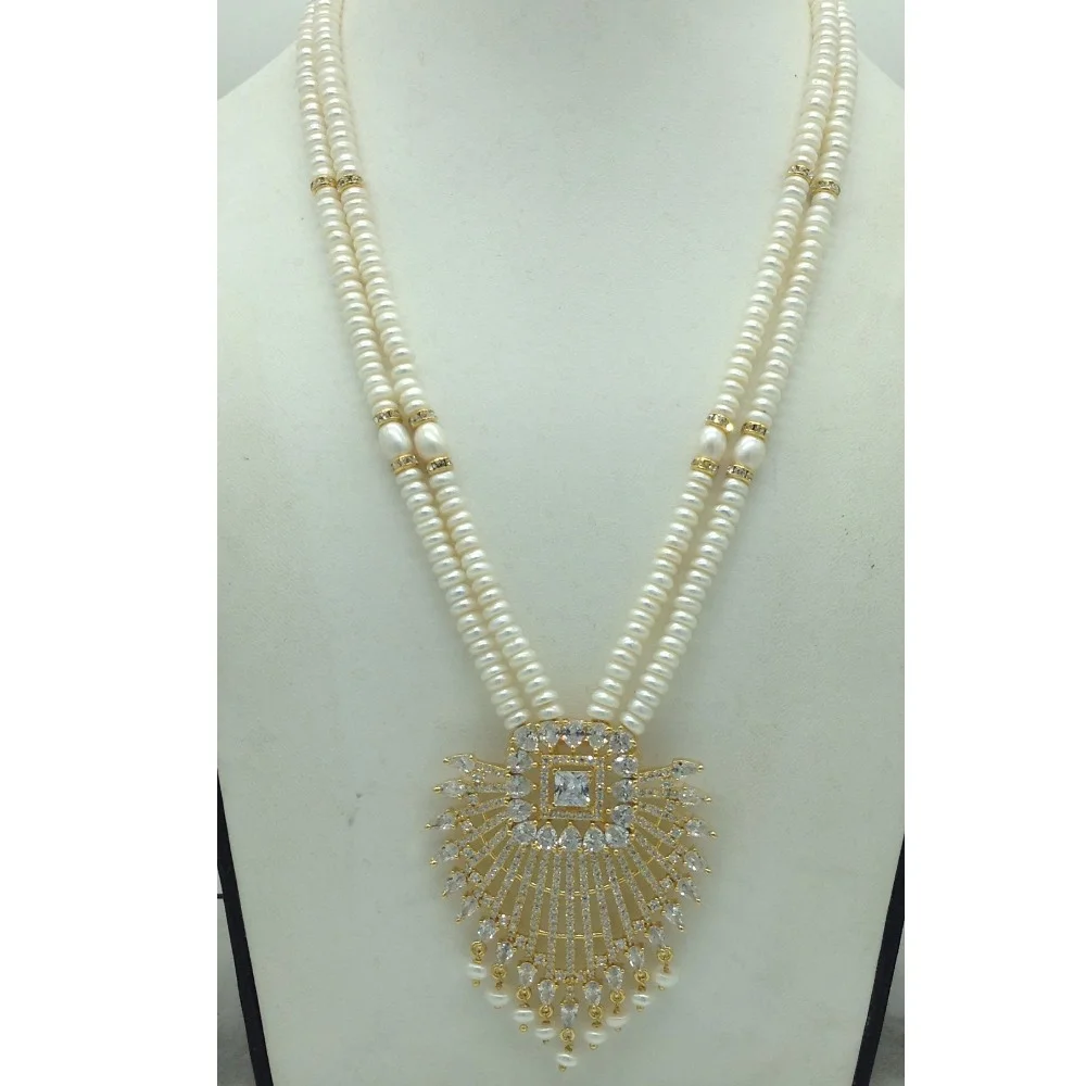White Cz Pendent Set With 2 Line White Pearls Mala JPS0852