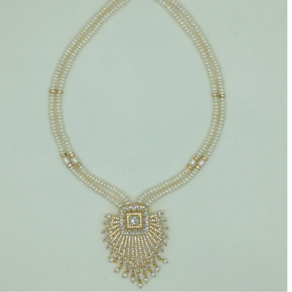 White Cz Pendent Set With 2 Line White Pearls Mala JPS0852