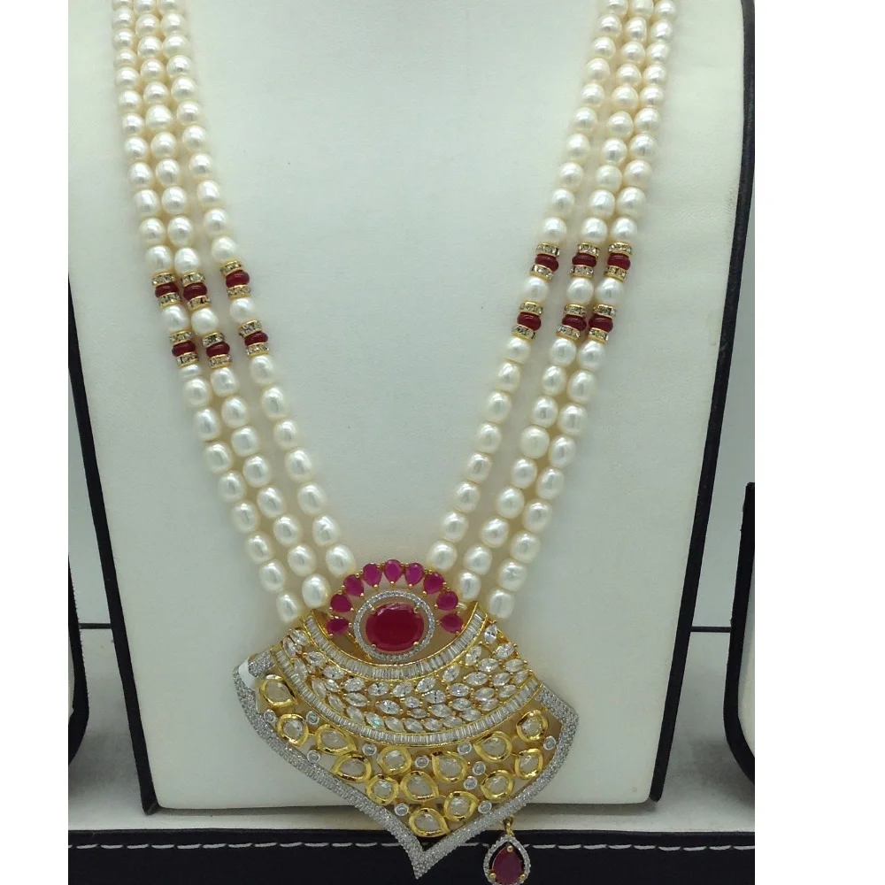 White Red Cz Pendent Set With 3 Line White Pearls Mala JPS0860