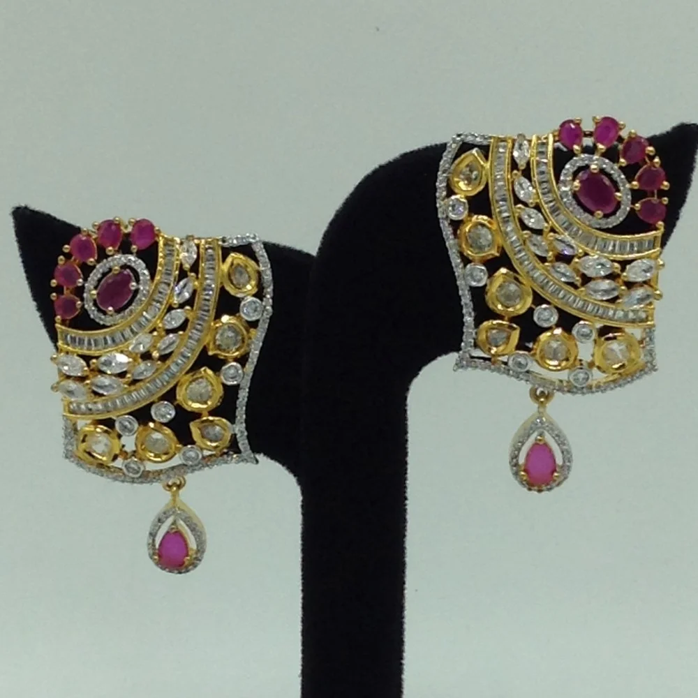 White Red Cz Pendent Set With 3 Line White Pearls Mala JPS0860