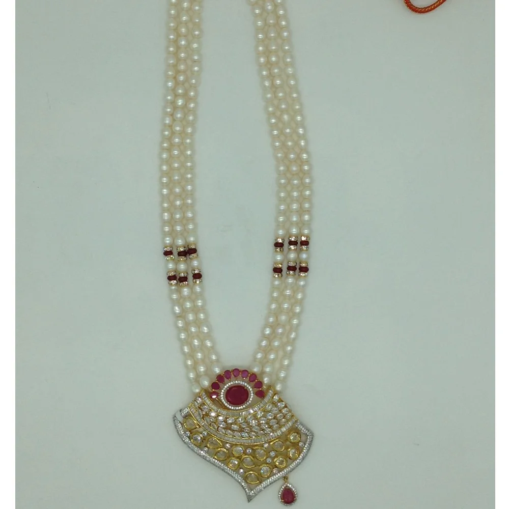 White Red Cz Pendent Set With 3 Line White Pearls Mala JPS0860