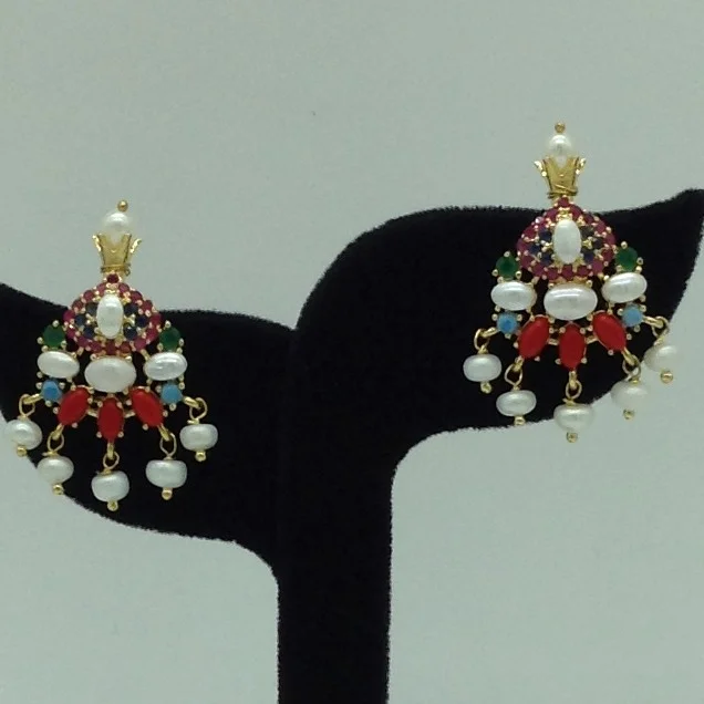 Navratan Pendent Set With 2 Line White Pearls Mala JPS0864