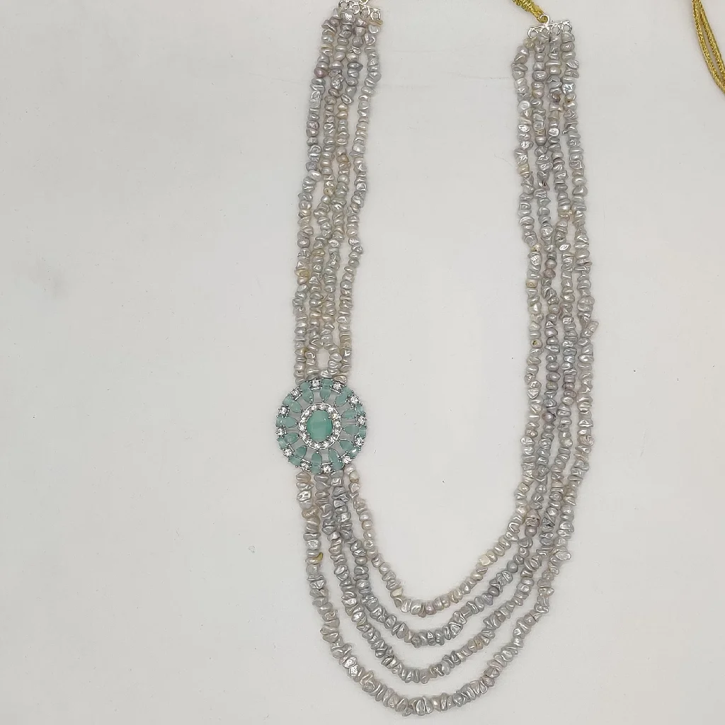 White Green Cz Stones Broach Set With 4 Lines Pearls JPS1003