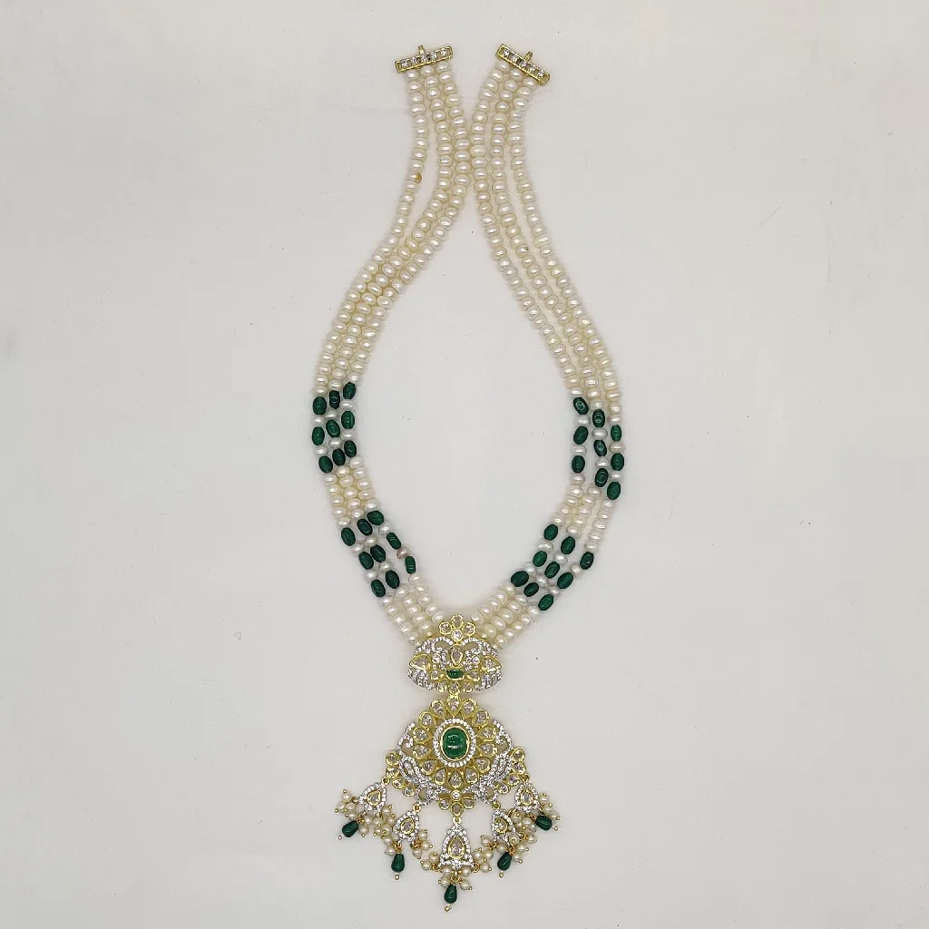 White Polki Ranihaar Set With 3 Line Pearls JPS1005